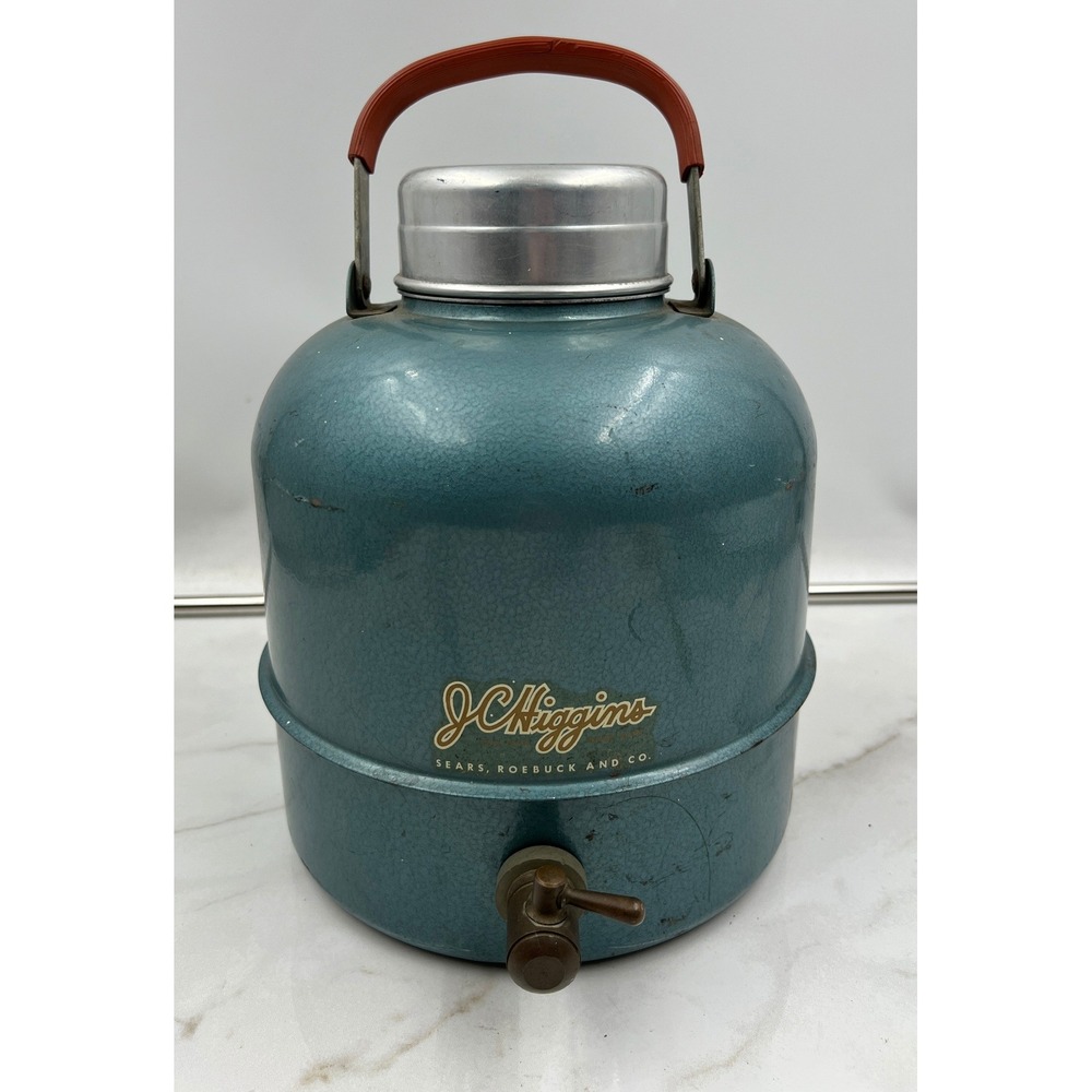 Vintage J.C. Higgins Sears Roebuck Teal Hammered Metal Water Cooler Jug Spigot